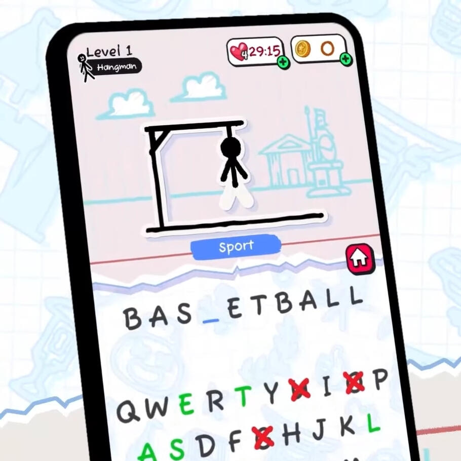 Hangman Worked on: Market research, ideation, game design, launch, game balance, IAPs, LiveOps, offers, A/B testing, data, economy